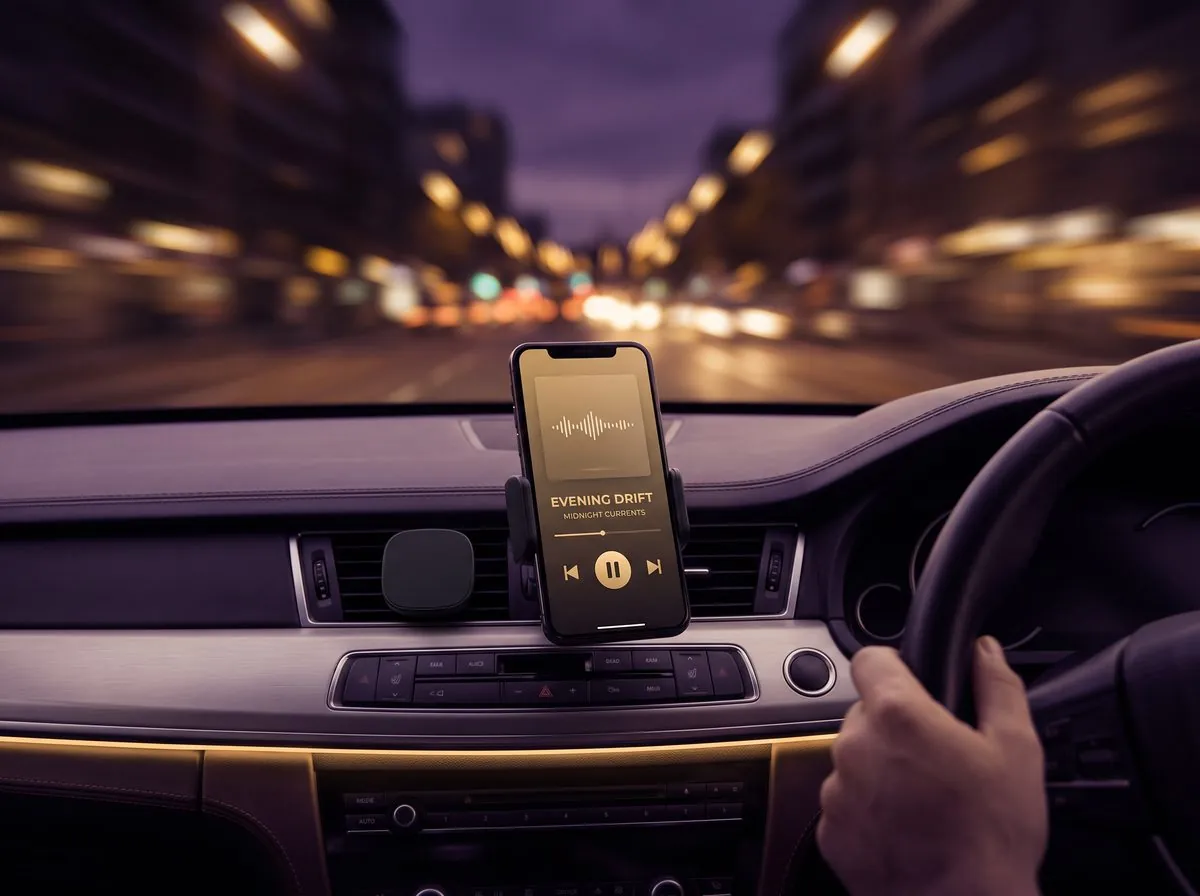 Phone on a car dashboard playing an audiobook during an evening drive