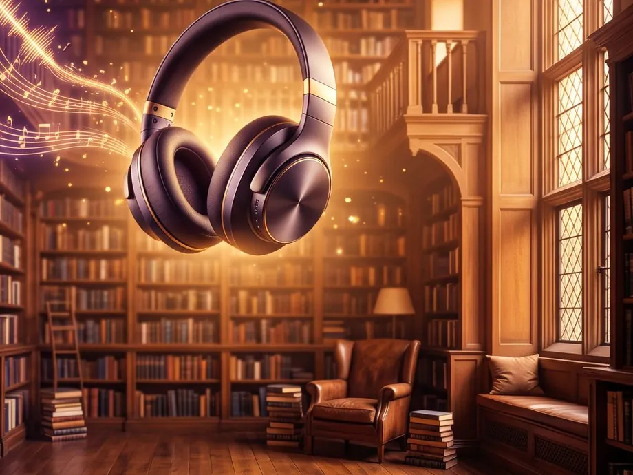 Headphones glowing in a warm home library next to a leather armchair