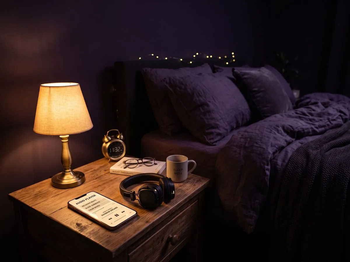 Bedside table with a lamp, headphones and a phone playing an audiobook